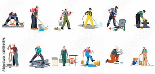 Obraz na płótnie Collection of flat vector illustrations depicting male sailors and maritime workers performing various cleaning and maintenance tasks on a ship or dock