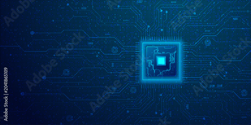 Canvas Print Circuit board background with glowing processor and integrated circuit lines, computer motherboard concept