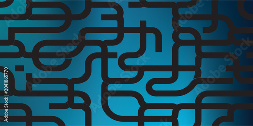 Abstract pattern of interconnected black pipes on blue background.