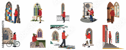 Tableau sur toile Collection of illustrated characters in red puffer jackets exploring gothic architecture and admiring colorful stained glass windows in various scenes