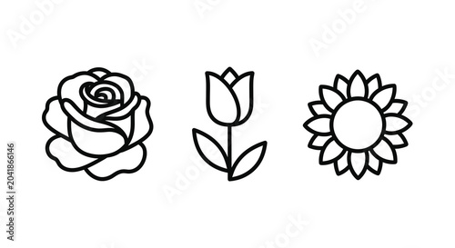 three flowers line art on white background