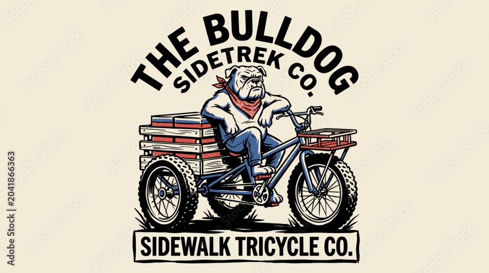 Obraz premium Bulldog sidewalk tricycle vintage print design for t shirt. Retro cargo bike company. Animal rider graphic artwork. Nostalgic design.