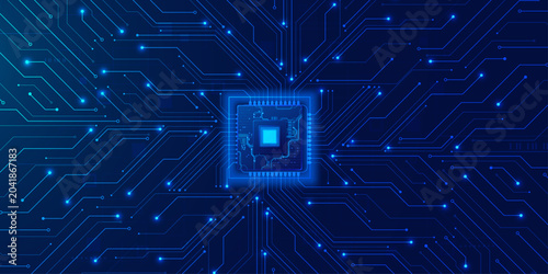 Photos Central computer processor chip surrounded by glowing blue circuits on a dark background