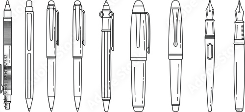 Tableau sur toile Pen and Pencil Outline Vector Set Featuring Fountain Pens, Ballpoint Pens, Mecha