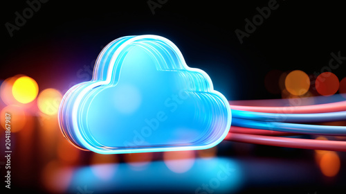 tech 3D visualization of a cloud storage terminal integrated with a bundle of active data cables. The glowing blue icon stands out against a pitch black background softened by colorful light 