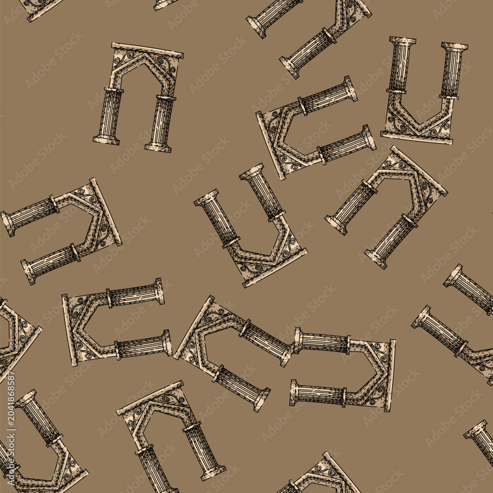 Naklejka premium pattern Ancient architectural archway with classical columns and decorative details, hand drawn sketch style with rough textures on a white background, ideal as a vintage gateway concept