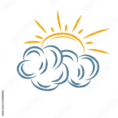 Hand drawn doodle sun behind cloud. Charcoal pencil drawing stylized cloudy weather icon. Vector chalk graphic sky element