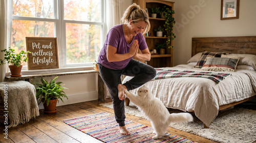 Person doing yoga with cat stretching alongside on exercise mat, pet wellness lifestyle concept, funny yoga with animals, mindful living with pets