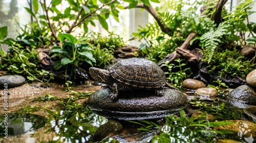 Aquarium turtle basking on rock under heat lamp, reptile pet care concept, exotic animal keeping, terrarium setup, chelonian pet husbandry