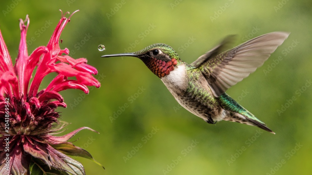 Obraz premium Ruby throated hummingbird hovering near a bright pink flower with a tiny water droplet on its beak. Soft green background. Suitable for botany blogs and wildlife prints.