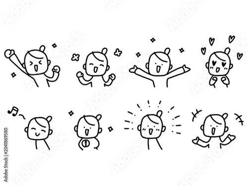 手描きのかわいい女性の喜ぶ表情とリアクション線画セット（楽しい・嬉しい・感動・好き）