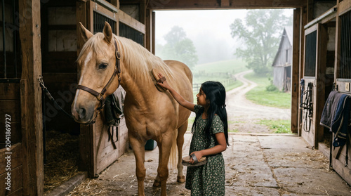 Girl brushing and grooming horse at stable, equestrian care concept, horse riding lifestyle, rural animal bond, equine maintenance