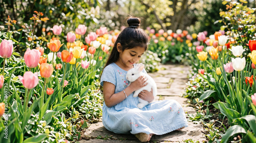 Child gently holding bunny rabbit in garden, gentle pet handling concept, rabbit care, Easter animal, childhood innocence with pet