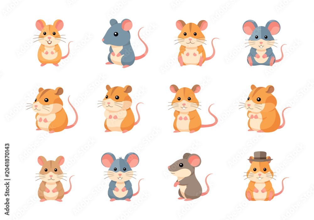 Fototapeta premium Cute cartoon mouse and hamster characters in various poses and colors, perfect for children's books, animations, and educational materials