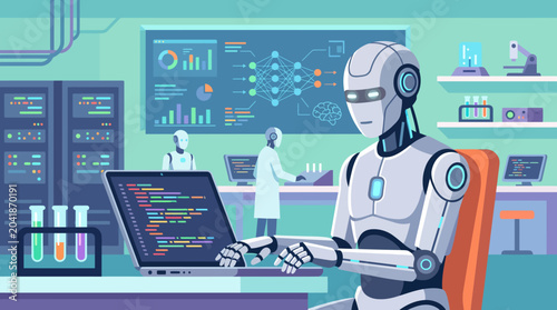 Robot working on computer in laboratory.