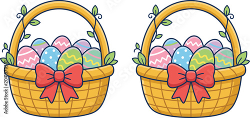 Konstfotografi Easter basket collection set with colorful painted eggs red bow and green spring leaves vector