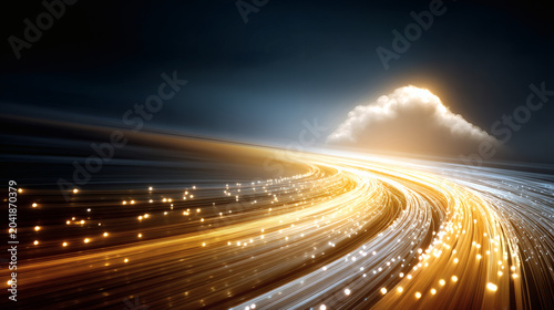 cinematic scene of hundreds of luminous fiber optic strands forming a fast moving data stream, converging into a glowing cloud icon symbolizing powerful internet computing, sunlight from left 