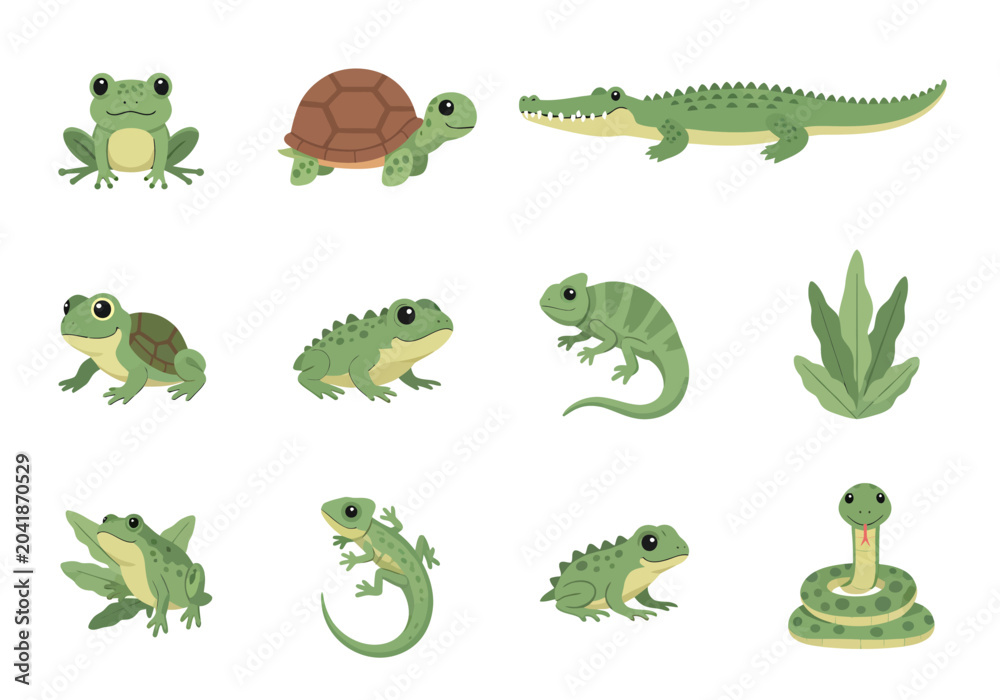 Fototapeta premium Cute cartoon reptiles and amphibians set with frog turtle crocodile lizard and snake illustrations, perfect for children's books and educational materials