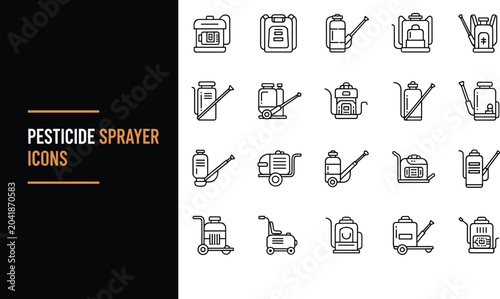 Fotografie Pesticide sprayer icons set with backpack wheeled and hand pump sprayers, clean