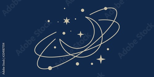 Quadro su tela Minimalist crescent moon with orbital rings and stars celestial graphic on navy