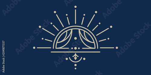 Foto Minimalist line art theater stage icon with curtains and rising sun rays on blue