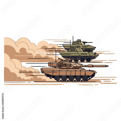 Fotografie Two armored combat vehicles moving quickly across a dusty desert landscape