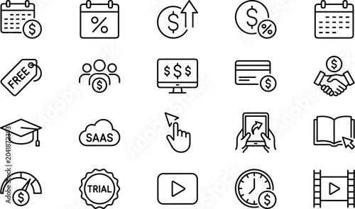 Pricing and subscription line icon set with payment, discount, SaaS, trial, calendar, video, and digital purchase symbols