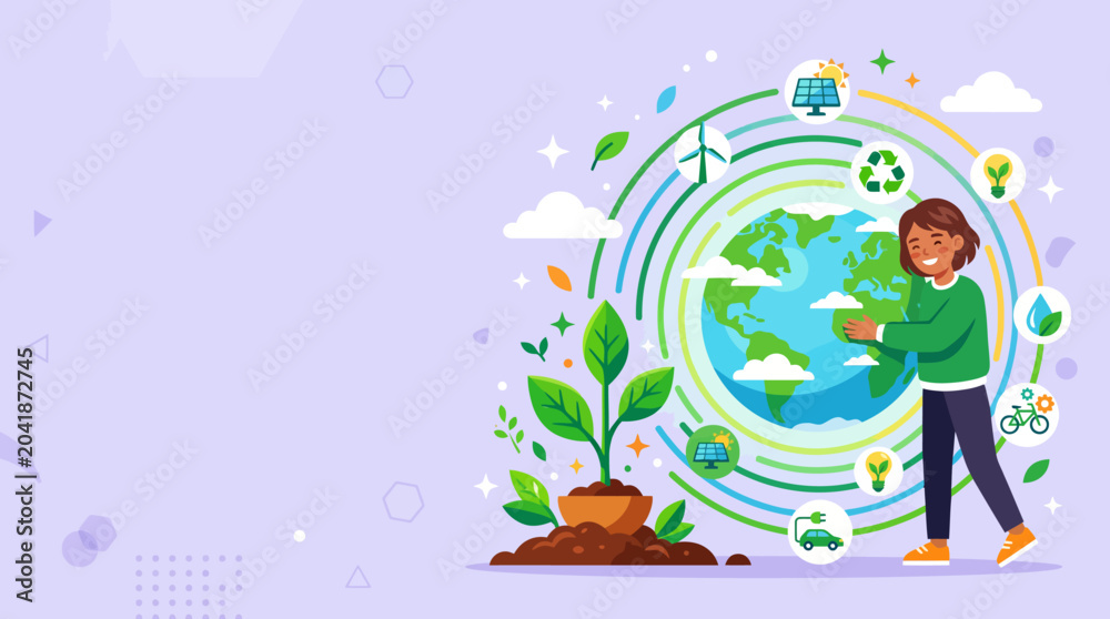 Naklejka premium Illustration of a woman nurturing the Earth and plants.
