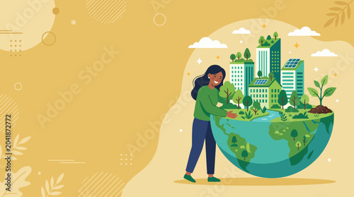 Illustration of a woman supporting a green city globe representing sustainability and environmental stewardship.