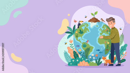 Quadro su tela Illustration of a person nurturing the planet with plants.