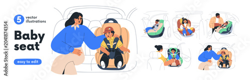 Set of kids sitting in baby car seats. Little children, toddlers in auto chai...