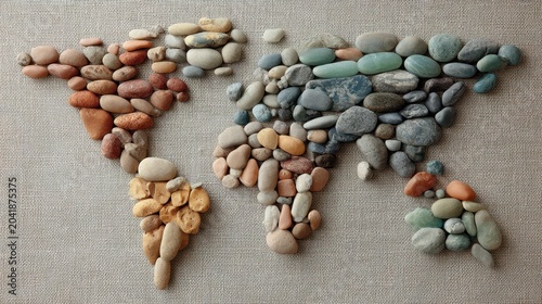 Map of the World Created from Colorful Pebbles and Stones Highlighting Geographic Features and Natural Textures