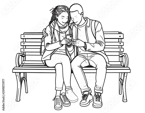 Affectionate Young Couple Looking at Smartphone While Sitting on Park Bench