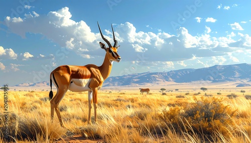 Graceful Springbok Standing in Golden Savanna Under Blue Cloudy Sky