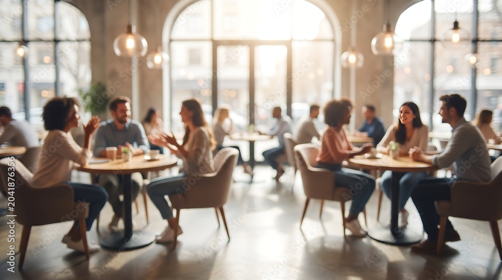 Obraz premium Blurred group of diverse friends laughing and talking while sitting at tables in bright modern restaurant interior during social gathering for commercial lifestyle photography