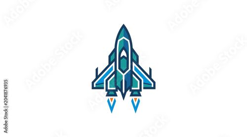 Futuristic blue and teal fighter jet spaceship ascending with exhaust flames.