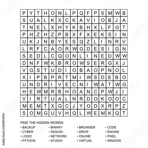 Word search puzzle with hidden tech-related words and grid background
