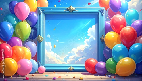 Colorful Balloon Cluster Framing Ornate Blue Window with Bright Sky Background
