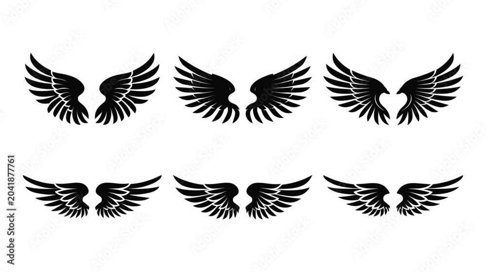 Naklejka premium Wing icon set featuring various black silhouette designs on white background