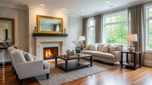 Classic living room interior with a warm fireplace.
