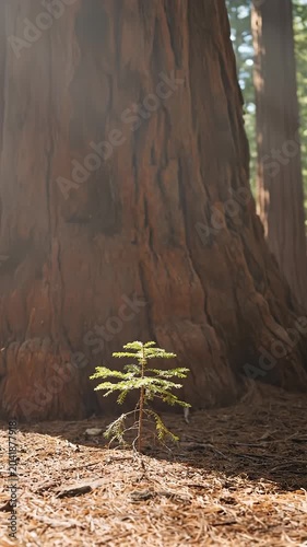 Small Green Sapling Growing Beneath Giant Ancient Redwood Trees