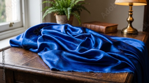 satin blue cloth on a wooden table closeup texture shot