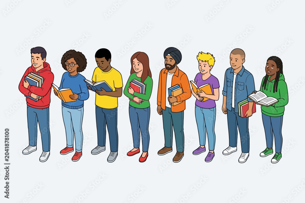 Obraz premium Diverse Students Holding and Reading Books Isometric Illustration