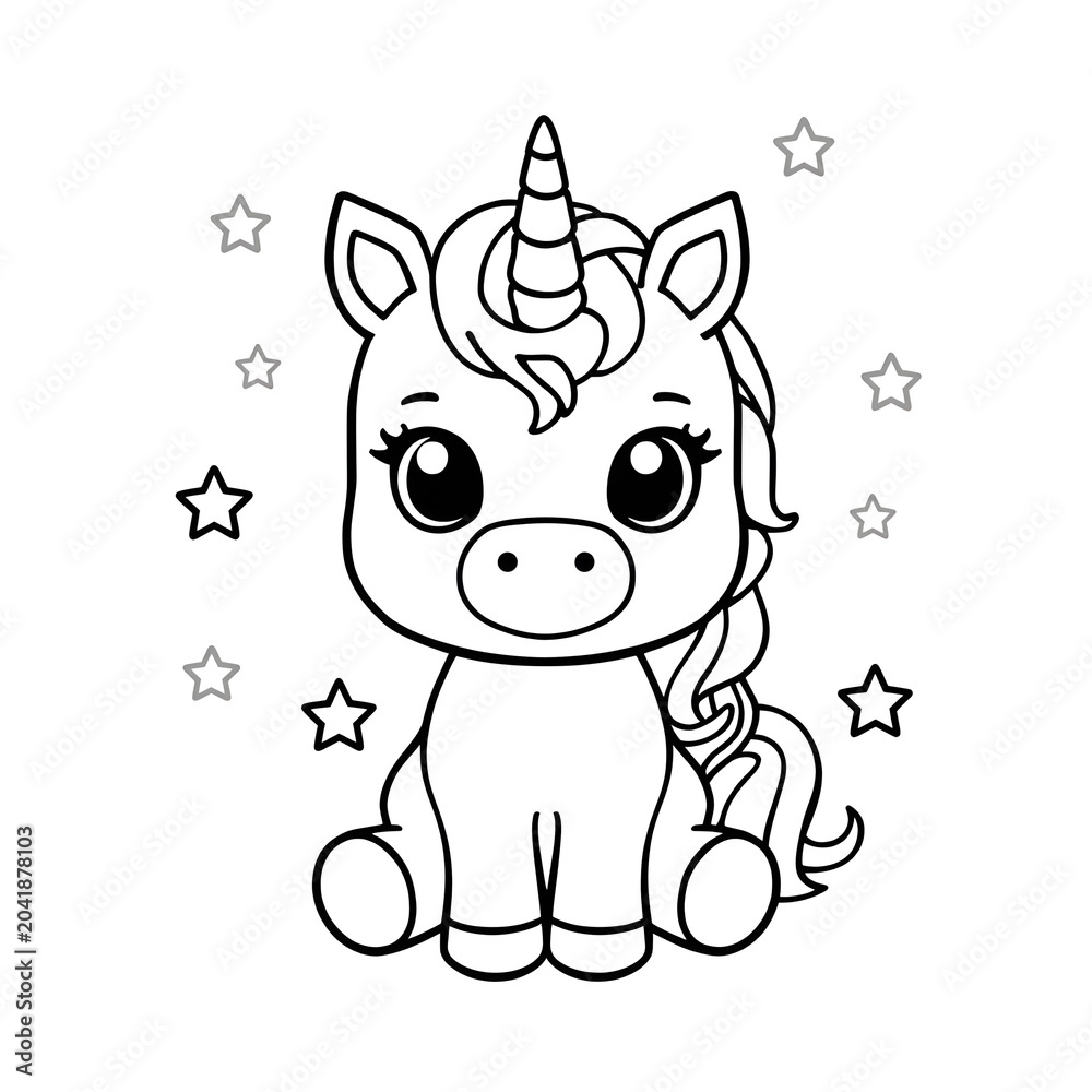 Fototapeta premium Unicorn coloring page featuring cute magical creature with stars for kids art activity creative fun educational project simple line drawing illustration for children school hobby exercise design.