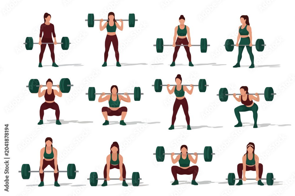 Fototapeta premium Women lifting barbells in various fitness poses illustration set