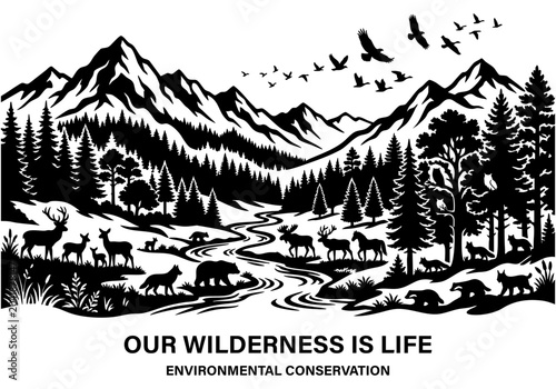 Canvas Print Wildlife Wilderness Landscape with Forest and Mountain Vector Illustration