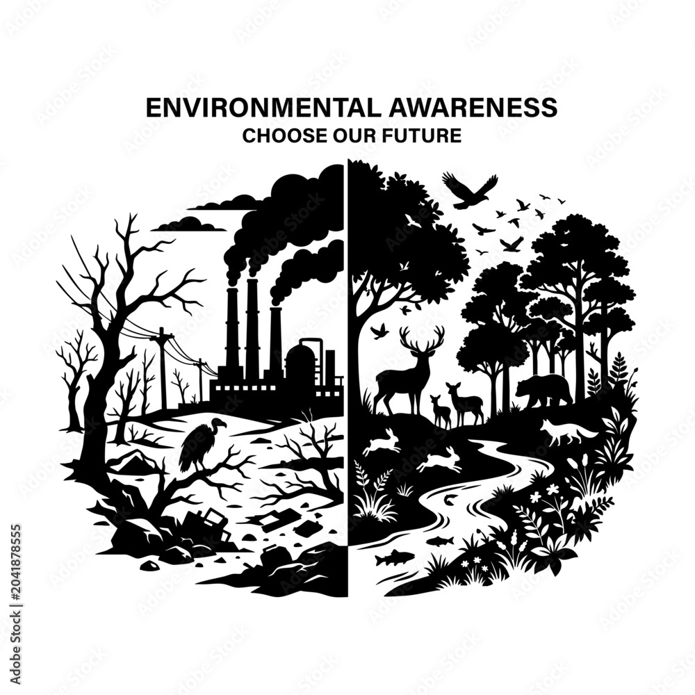 Obraz premium Environmental Awareness Concept Showing Pollution and Healthy Ecosystem Vector Illustration
