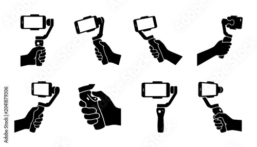 Photos Hand holding smartphone gimbal stabilizer for smooth video recording, set of ico