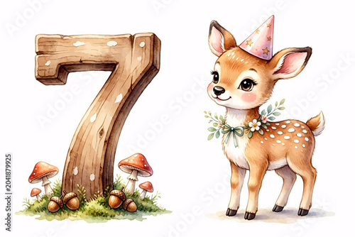 Watercolor Woodland Deer Clipart with Wooden Number 7 for Sublimation and Cards
