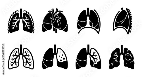 Cuadro en lienzo Set of human lung icons showing healthy and diseased lungs and heart silhouette